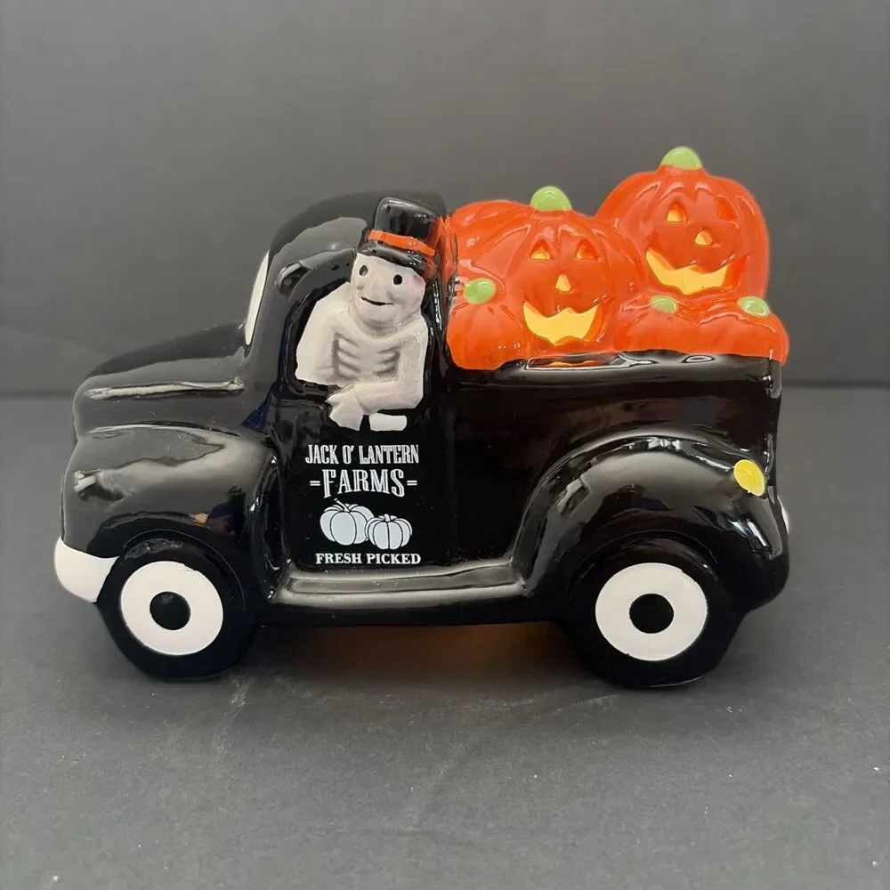 Mr. Halloween Set of 3 Ceramic LED Trucks Ghost Skeleton Jack O' Lantern NWOB